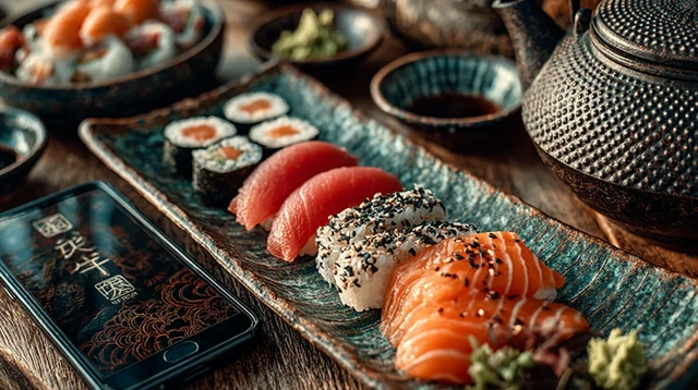 Sushi Plate and Smartphone Close Up Photography