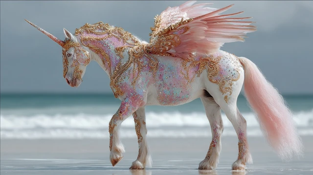 Magical Unicorn Pegasus on the Beach Fantasy Art