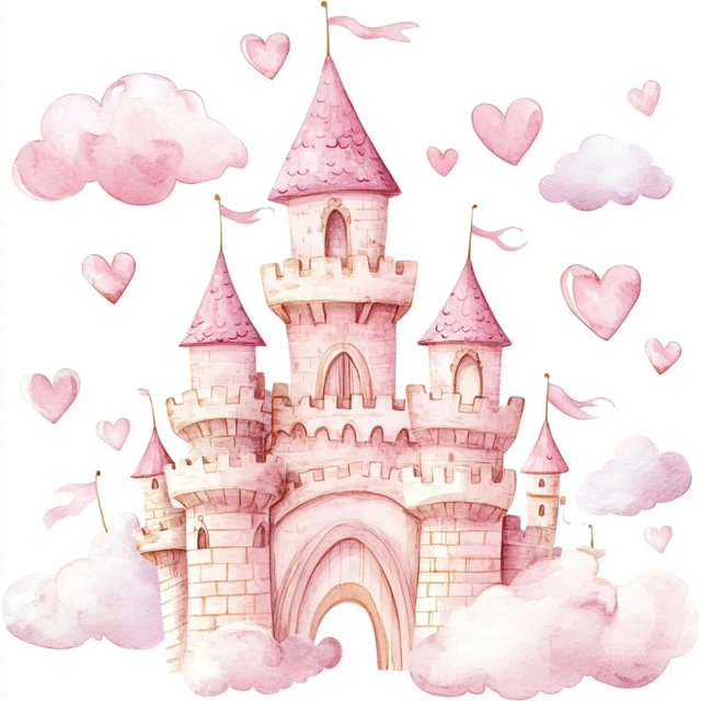 Whimsical Pink Fairytale Castle Watercolor Art