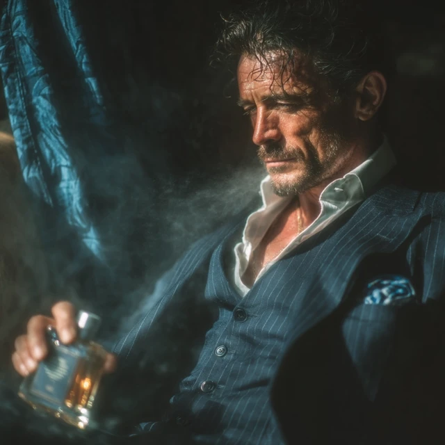 Stylish Man in Suit Spraying Perfume