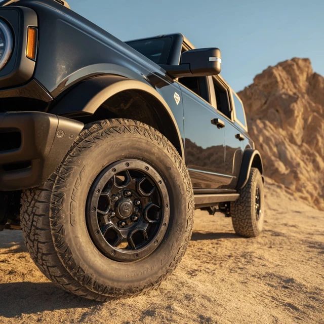 2021 Black Ford Bronco Wheel Closeup Desert