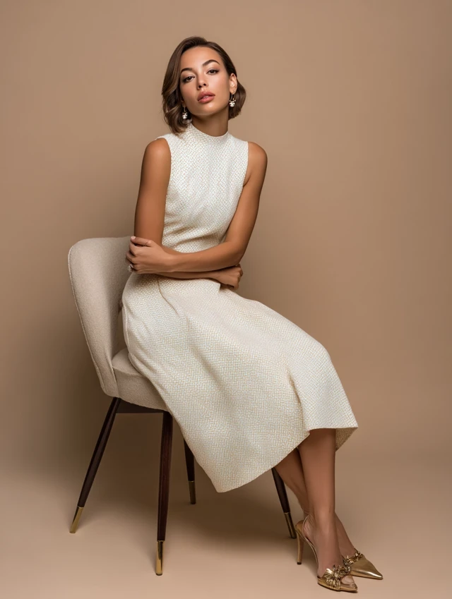 Sophisticated Woman in Ivory Dress Studio Portrait