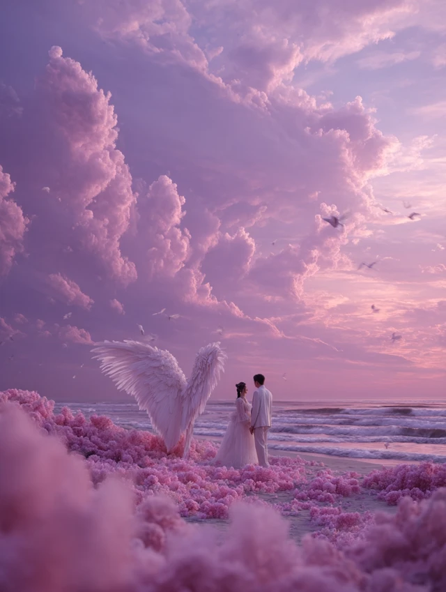Chinese Wedding Couple on Beach Dreamy and Romantic