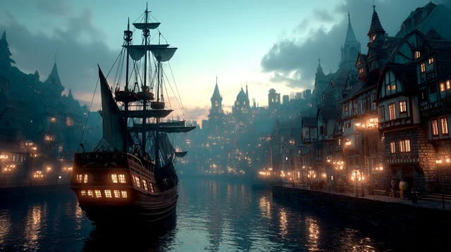 Pirate Ship in Medieval Port Fantasy Art