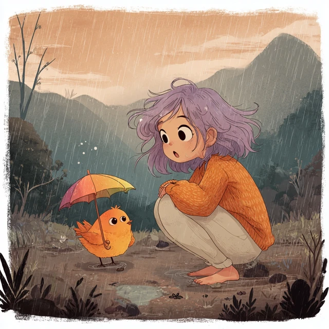 Magical Rainy Day Illustration Bird Girl