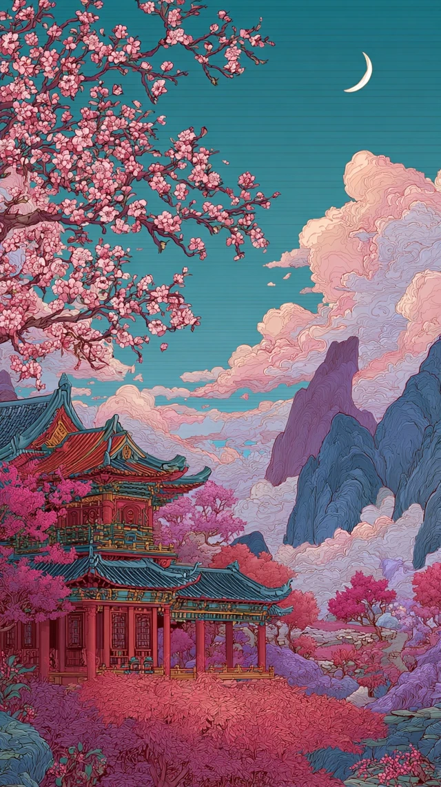 Chinese Ink Painting Cherry Blossom Landscape