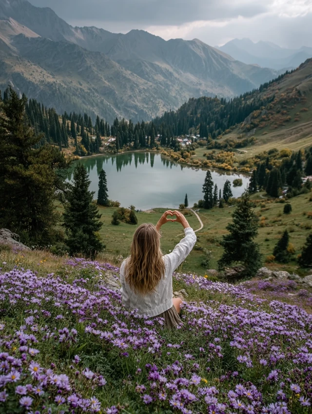 Girl in Mountains Lake View with Heart Shape Gesture