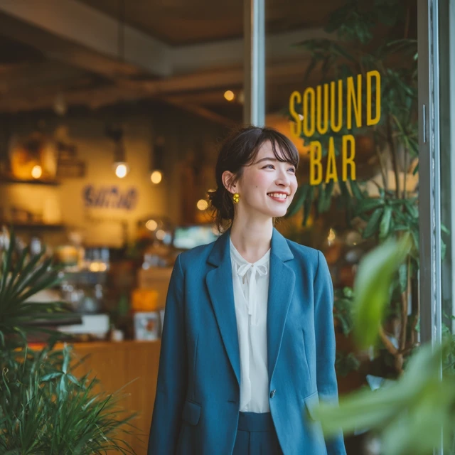 Japanese Woman Enters Sound Bar Cafe Smiling