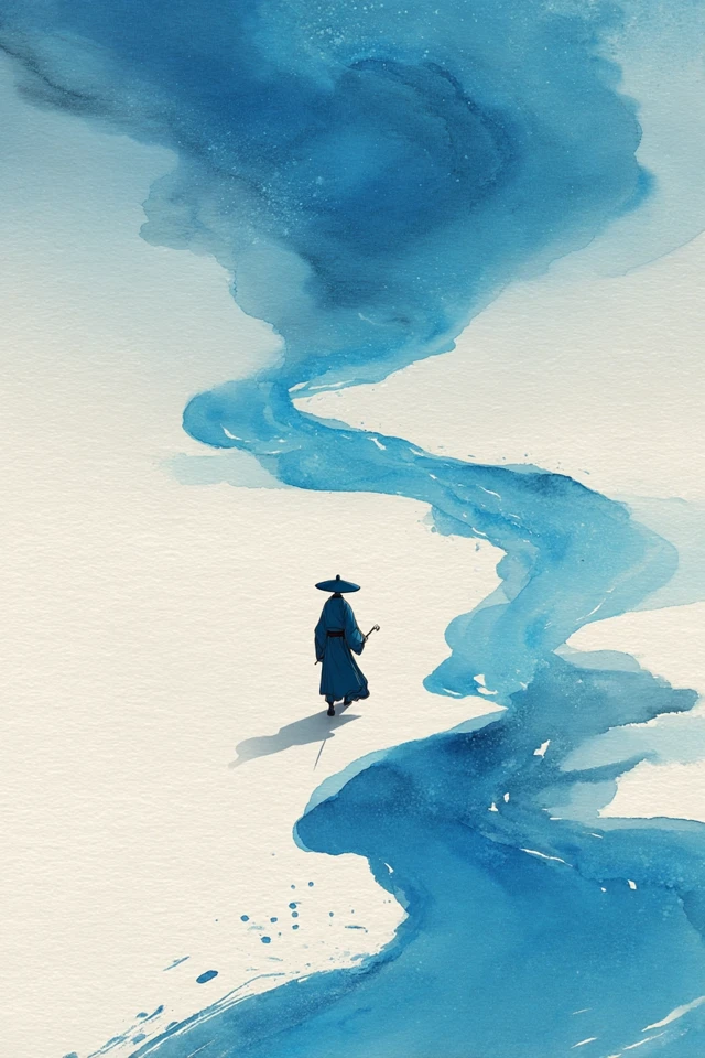 Chinese Watercolor Painting Solitary Traveler