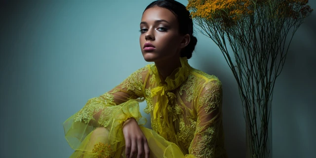 Fashion Photography Model in Yellow Lace Dress