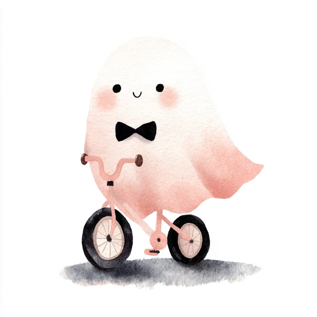 Cute Ghost Riding Bicycle Pastel Watercolor Art