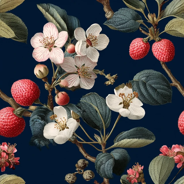 Botanical Blossom Illustration Dark Blue Background