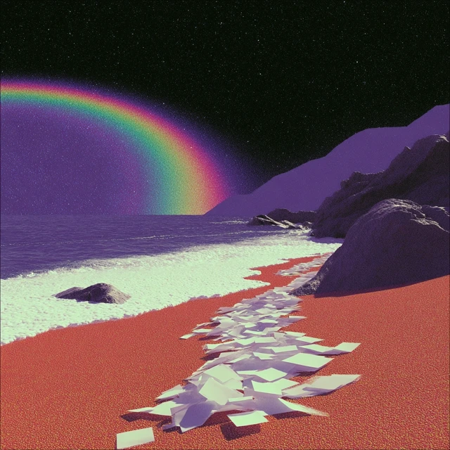 Psychedelic Beach Scene with Rainbow and Papers