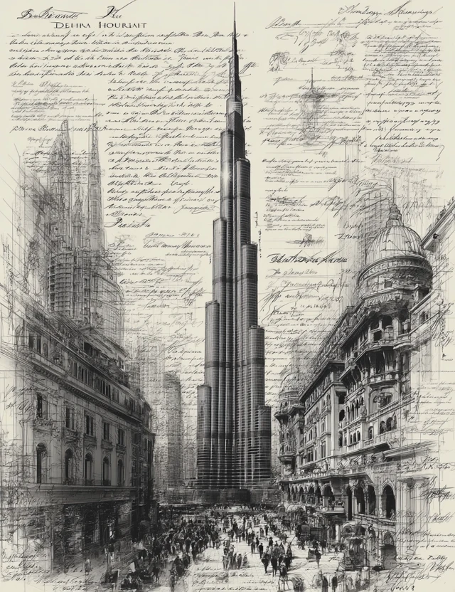 Burj Khalifa Sketch Dubai Vintage Art