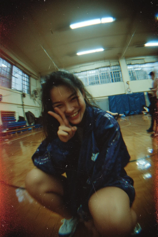 Japanese Girl Retro Photo Smiling Peace Sign