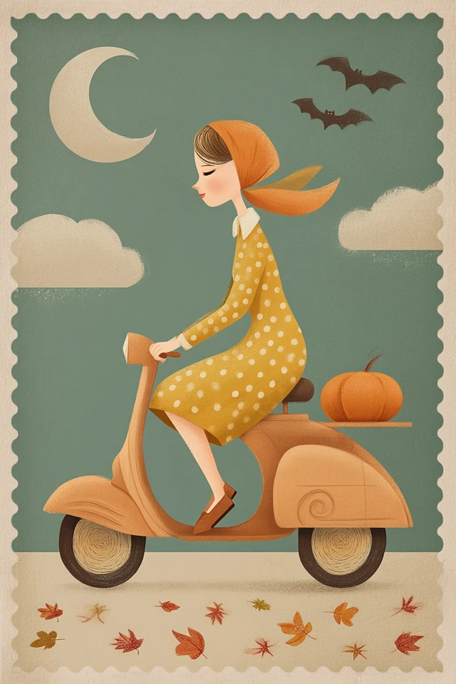Vintage Halloween Girl on Scooter Illustration