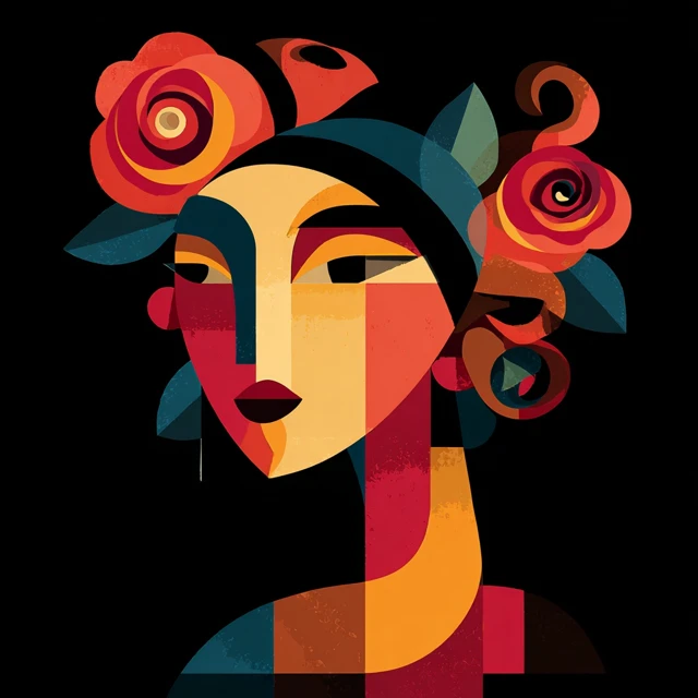 Cubist Portrait Woman with Roses