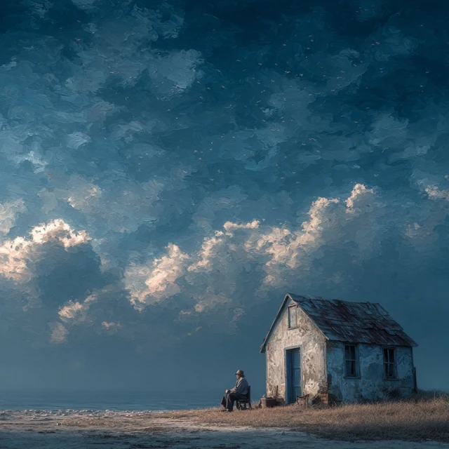 Old House and Man Floating in Sky Ultra Realistic