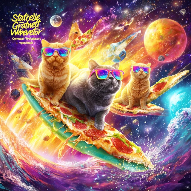 Cats Surfing Pizza in Space Fun Colorful Art