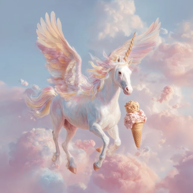 Flying Unicorn with Ice Cream Clouds in Pastel Colors