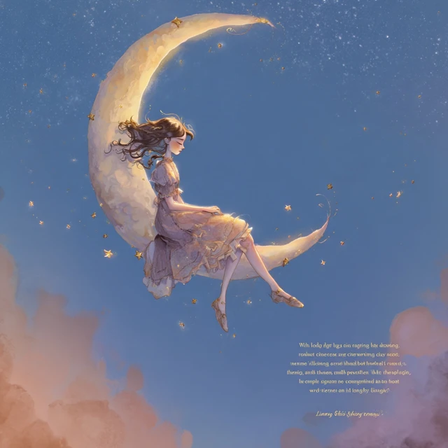 Girl on the Moon Whimsical Storybook Illustration