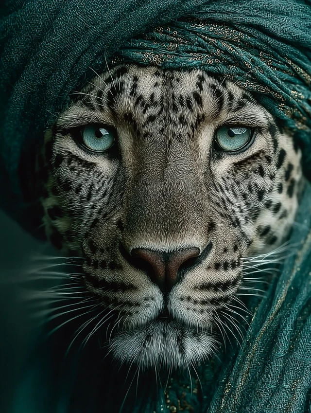 Jaguar Portrait in Green Cloak and Turban