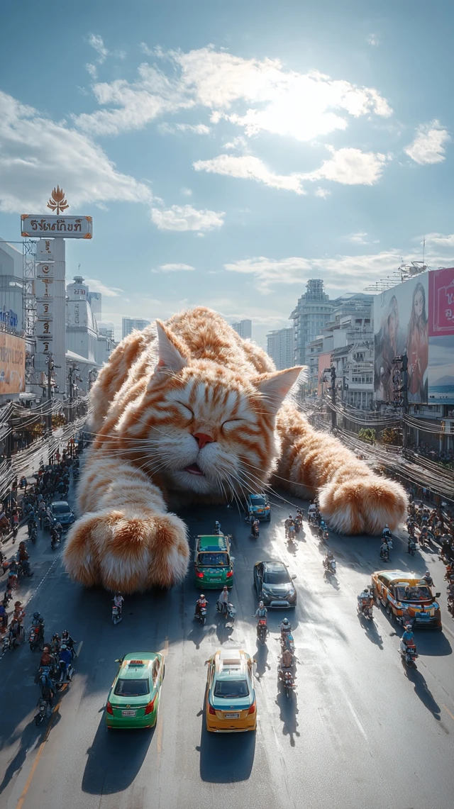 Giant Cat in Bangkok Surreal Street Scene