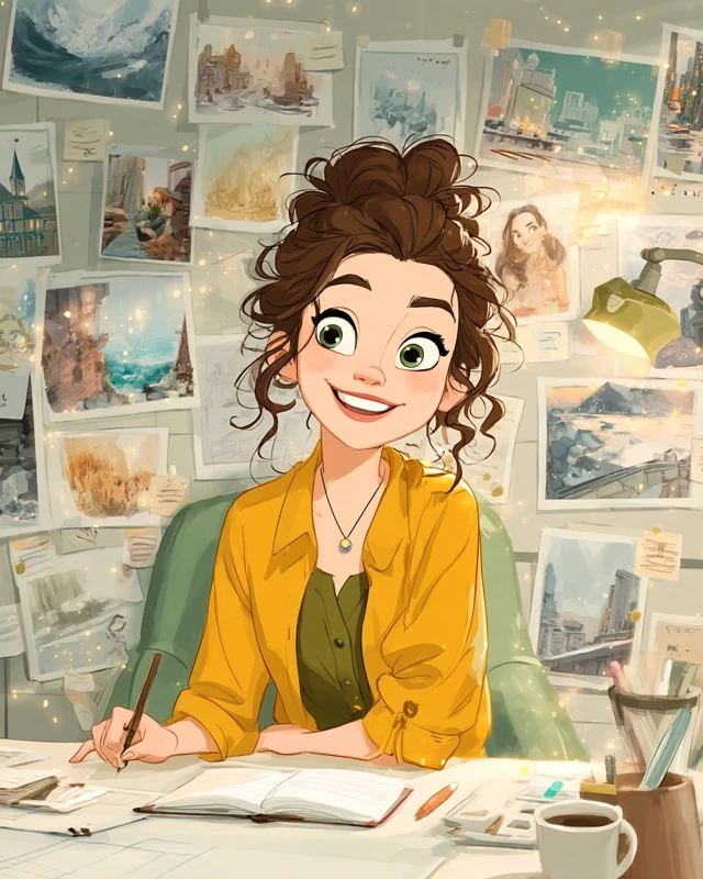 Cartoon Designer at Desk with Inspiration Board