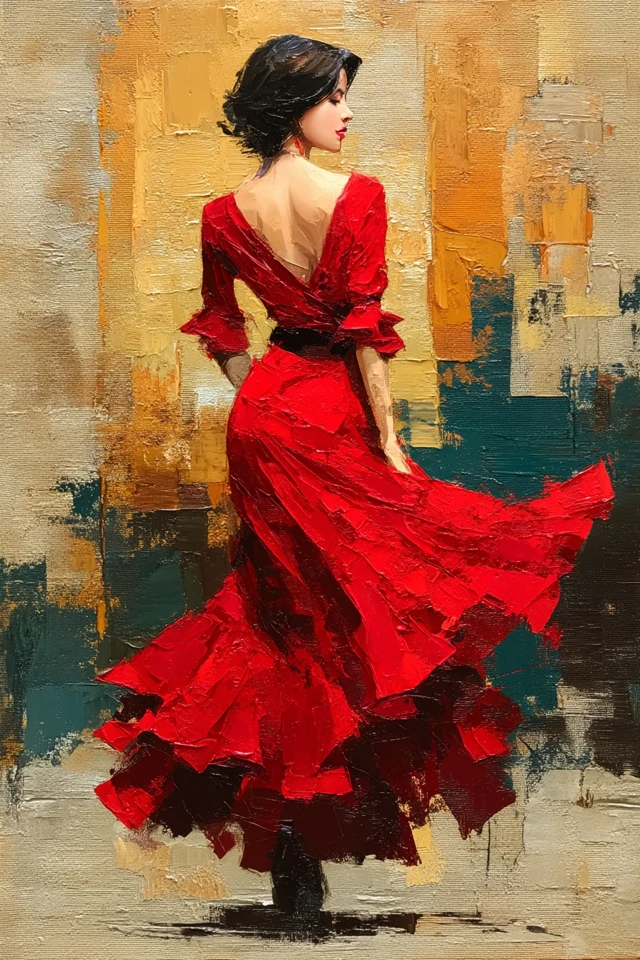 Flamenco Dancer Oil Painting Red Dress Spanish Art