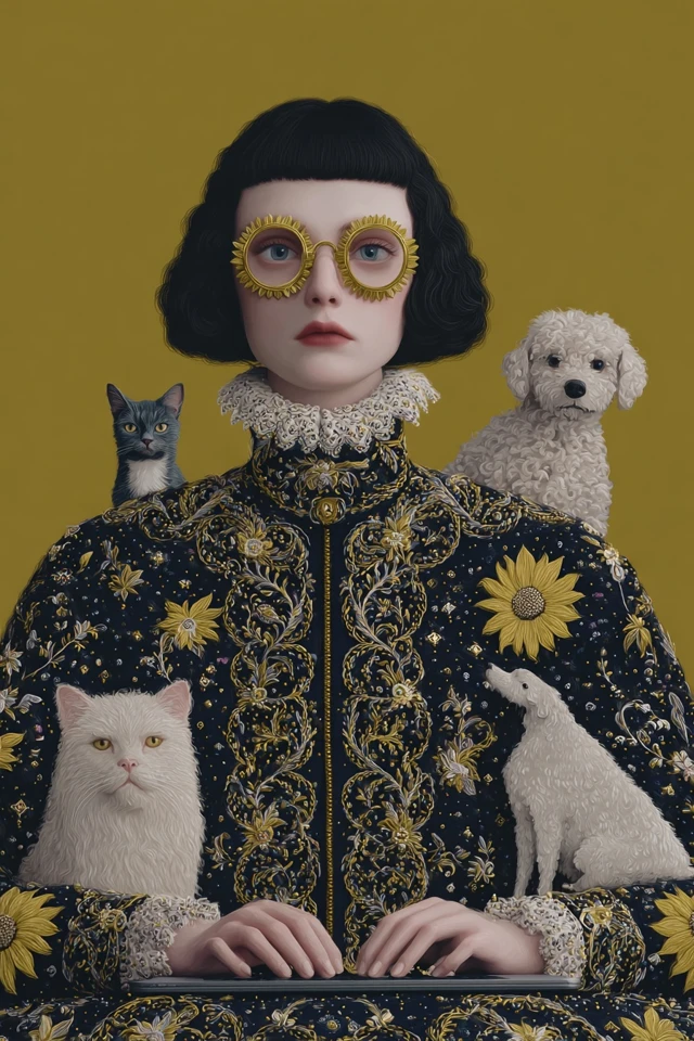 Japanese NeoPop Screenwriter with Dogs Cats and Sunflowers