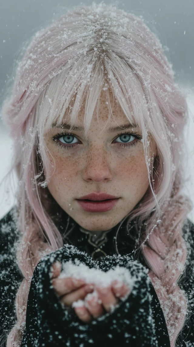 Woman with Pink Hair in Snow