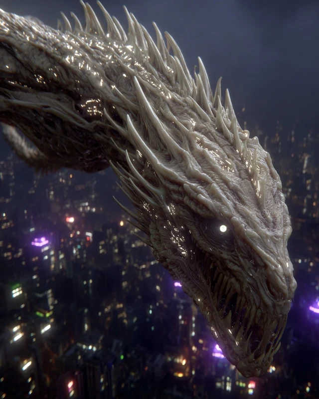 Biomechanical Dragon Over Cyberpunk World