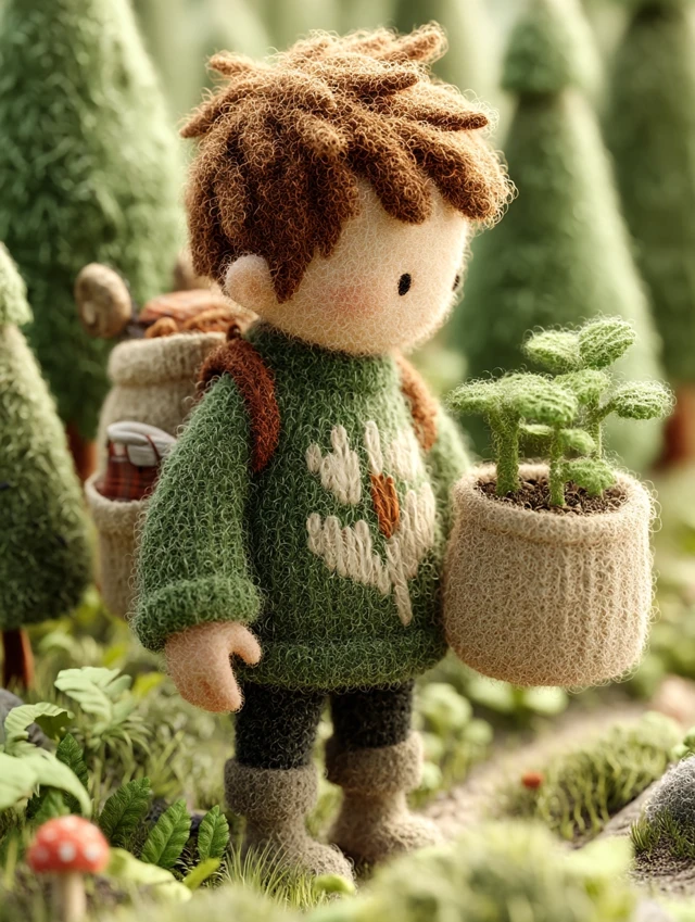 Boy in Field Holding Flower Pot - 3D Render