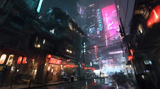 Cyberpunk City Intersection Detailed Street View