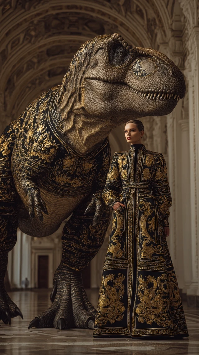 Versace Woman and Dinosaur Regal Portrait