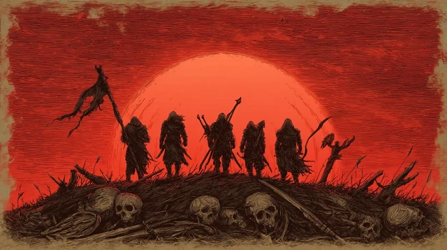 Grimdark Medieval Warriors Sunset Before Battle