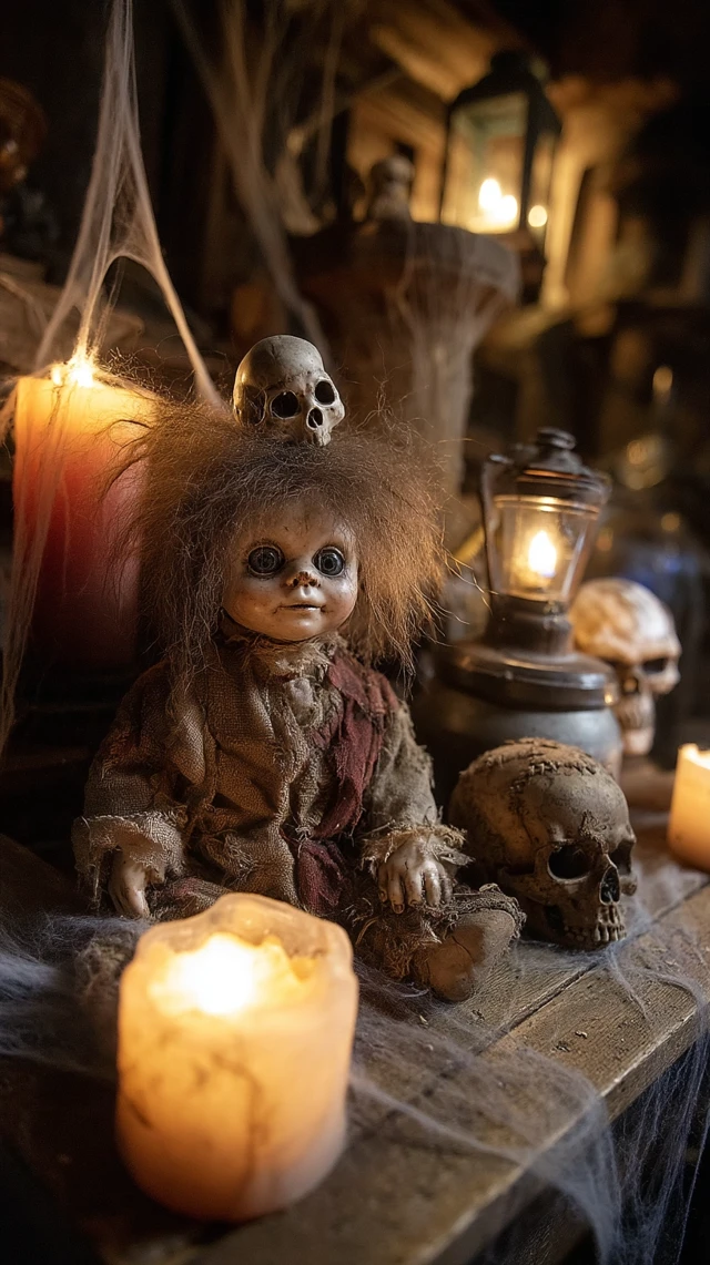 Creepy Doll and Skulls Halloween Scene