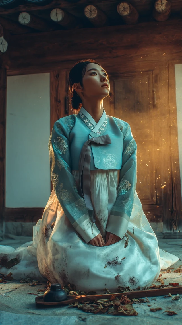 Korean Woman in Hanbok at Sunset