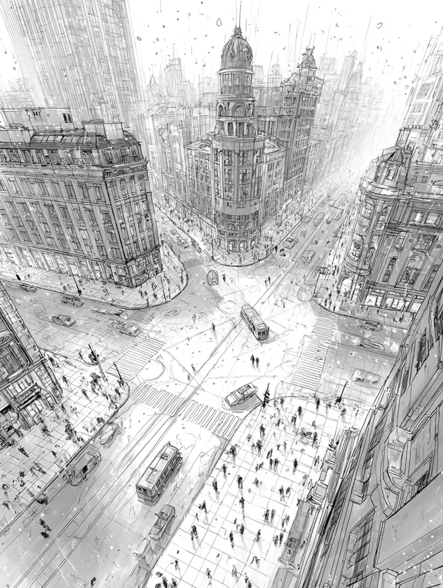 Rainy City Crossroads Sketch Illustration