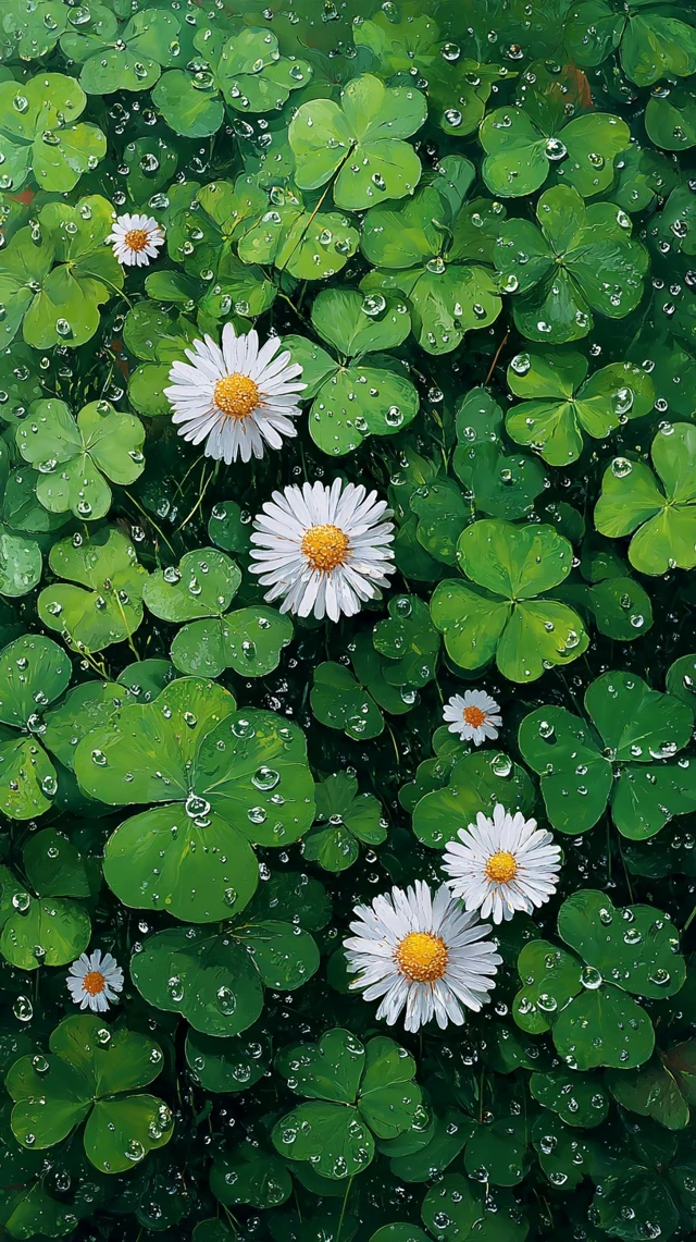 Four Leaf Clovers and Daisies After Rain