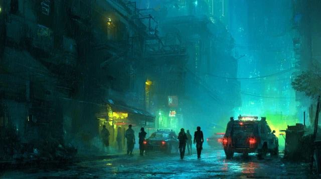 Cyberpunk City Rain Futuristic Street Scene