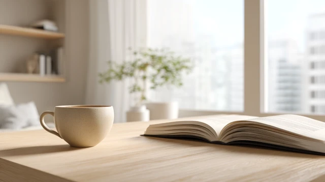 Japandi Room with Coffee Cup and Open Book