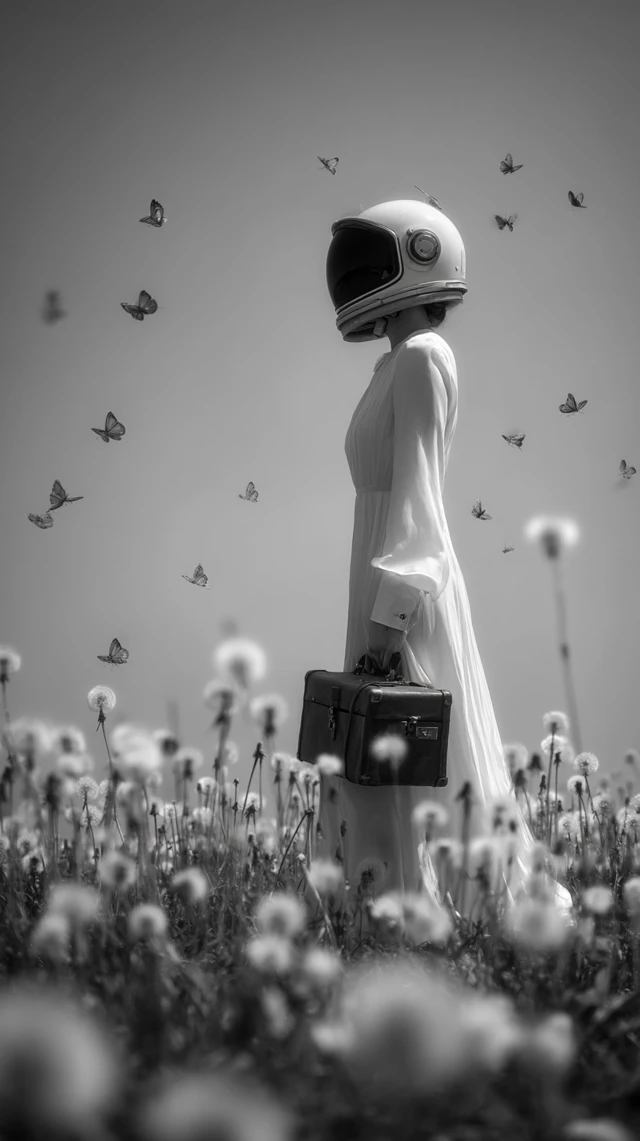 Astronaut in Field of Flowers Surreal Black and White Photo