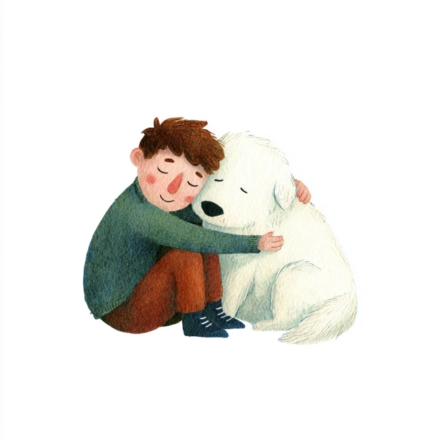 Boy Cuddling Dog Scandinavian Illustration