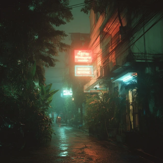 Bangkok Night Scene Neon Lights and Misty Atmosphere