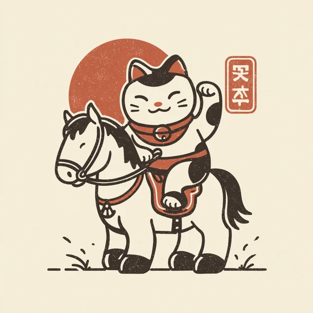 Cute Cartoon Cat Riding Horse Retro Design