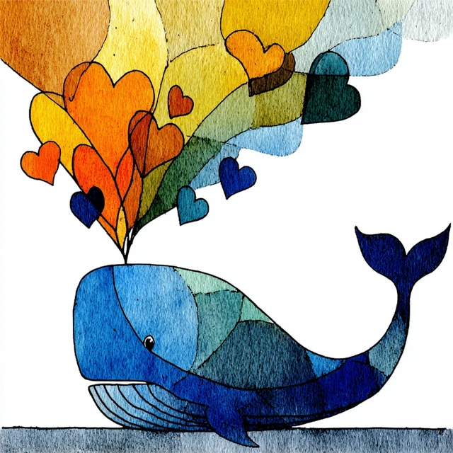 Cute Watercolor Whale Blowing Hearts Illustration