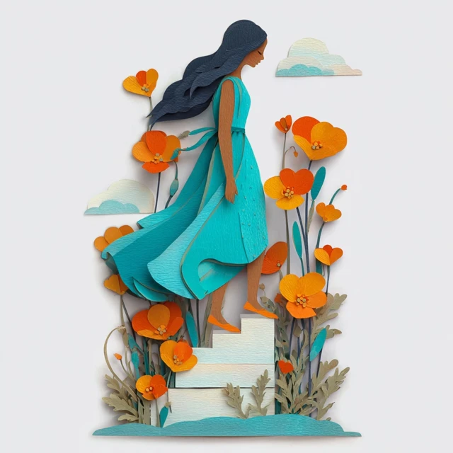 Girl in Turquoise Dress Paper Cut Art