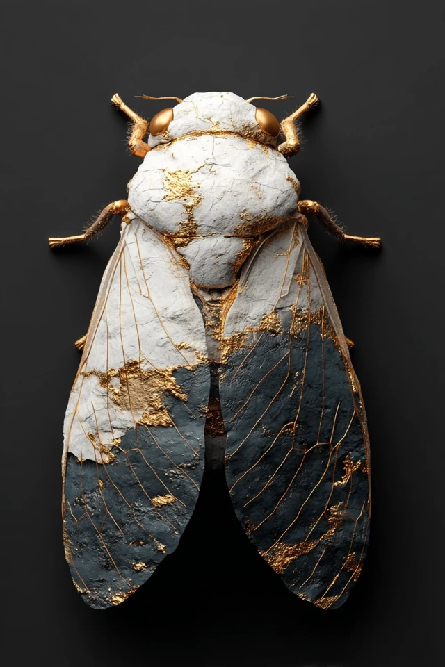 Dystopian Tech Cicada with Gold Veins