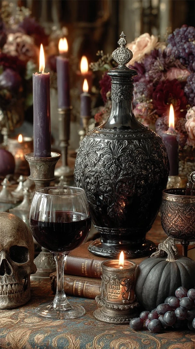 Halloween Goth Romance Black Cat Candles and Wine